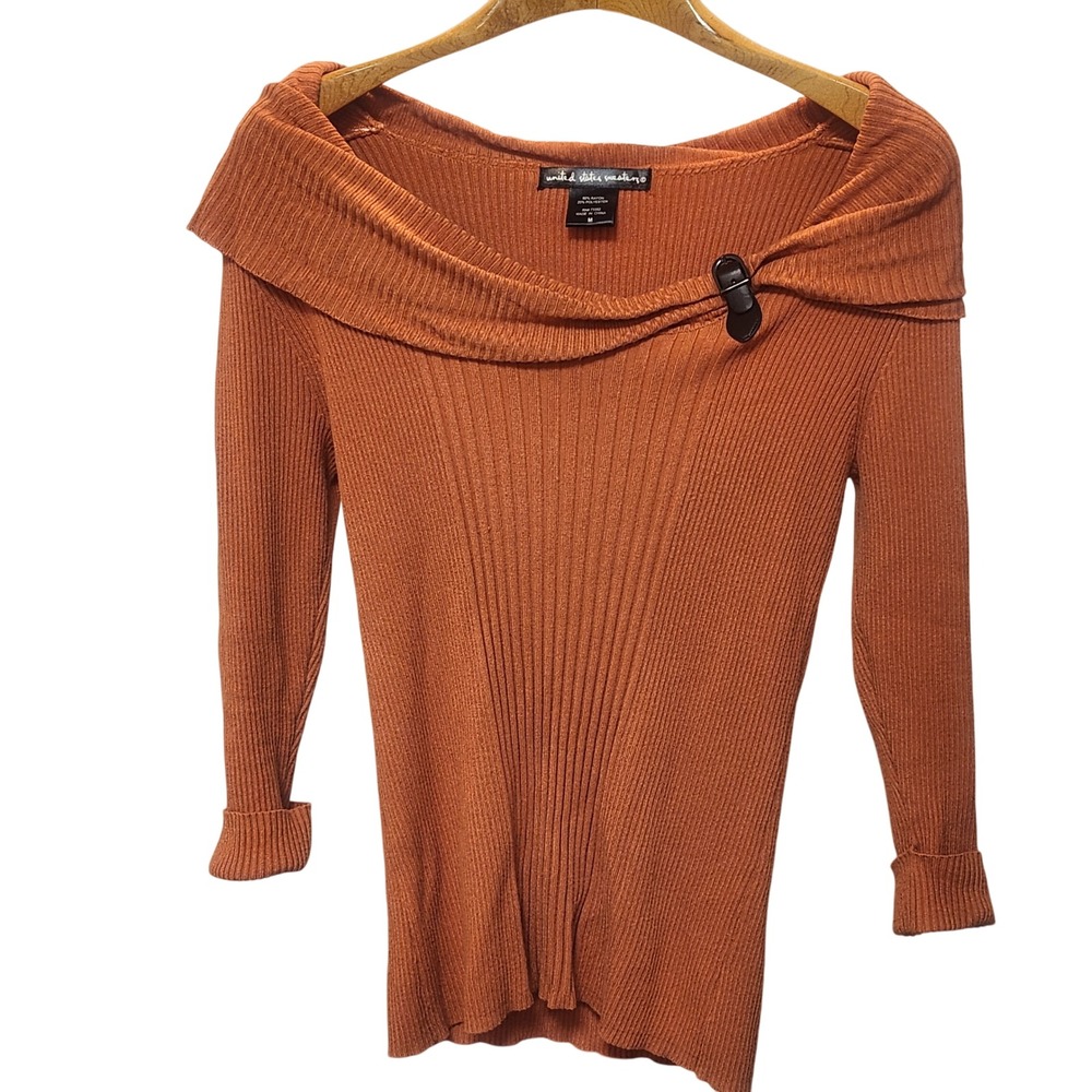 United States Sweater Co Womens Orange Off Shoulder Ribbed Knit Sweater Med Chic